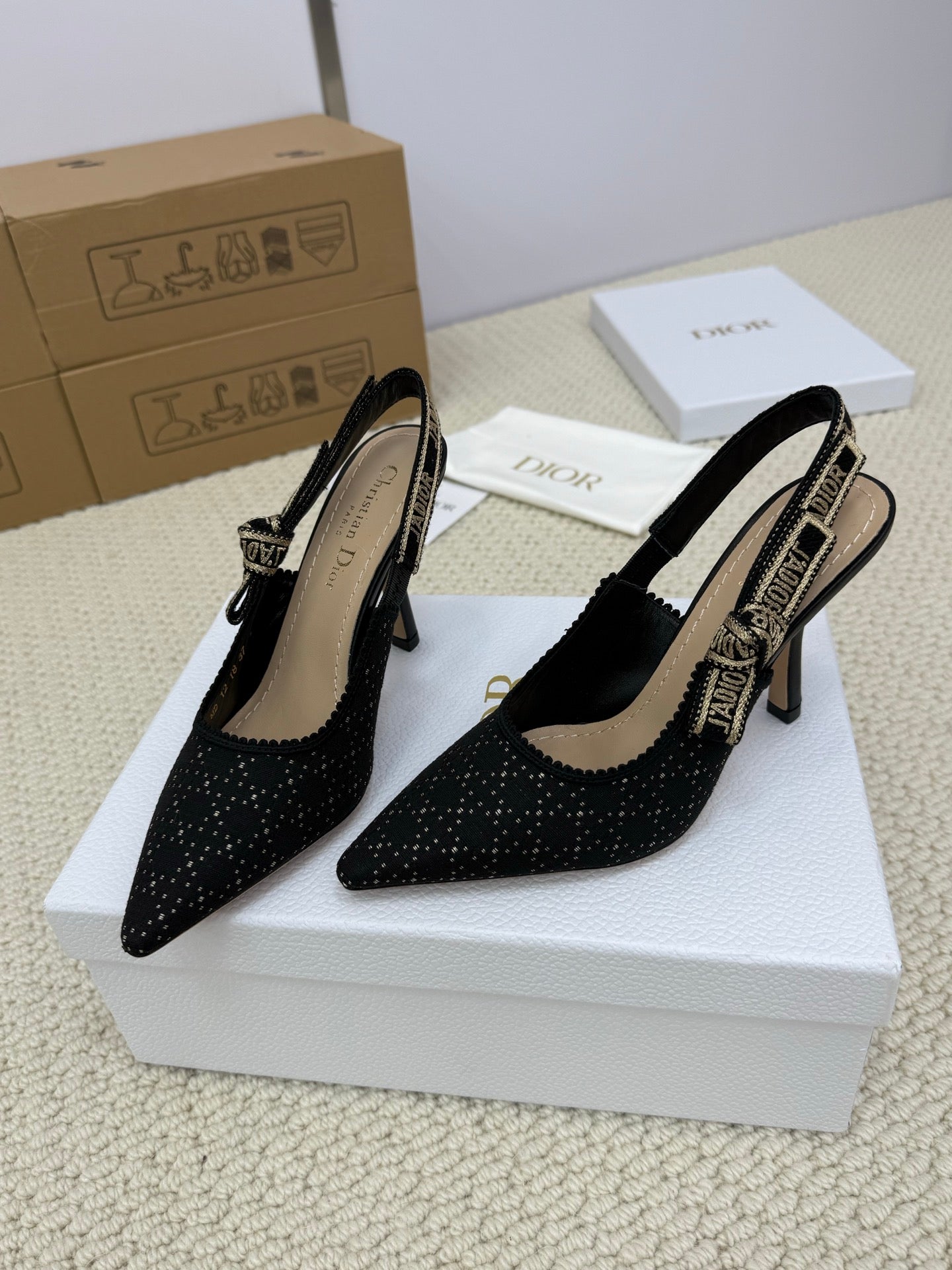 DIOR HIGH SLINGBACK 100 MM 25S IN BLACK FABRIC AND BRAND NAME EMBROIDERY - 34