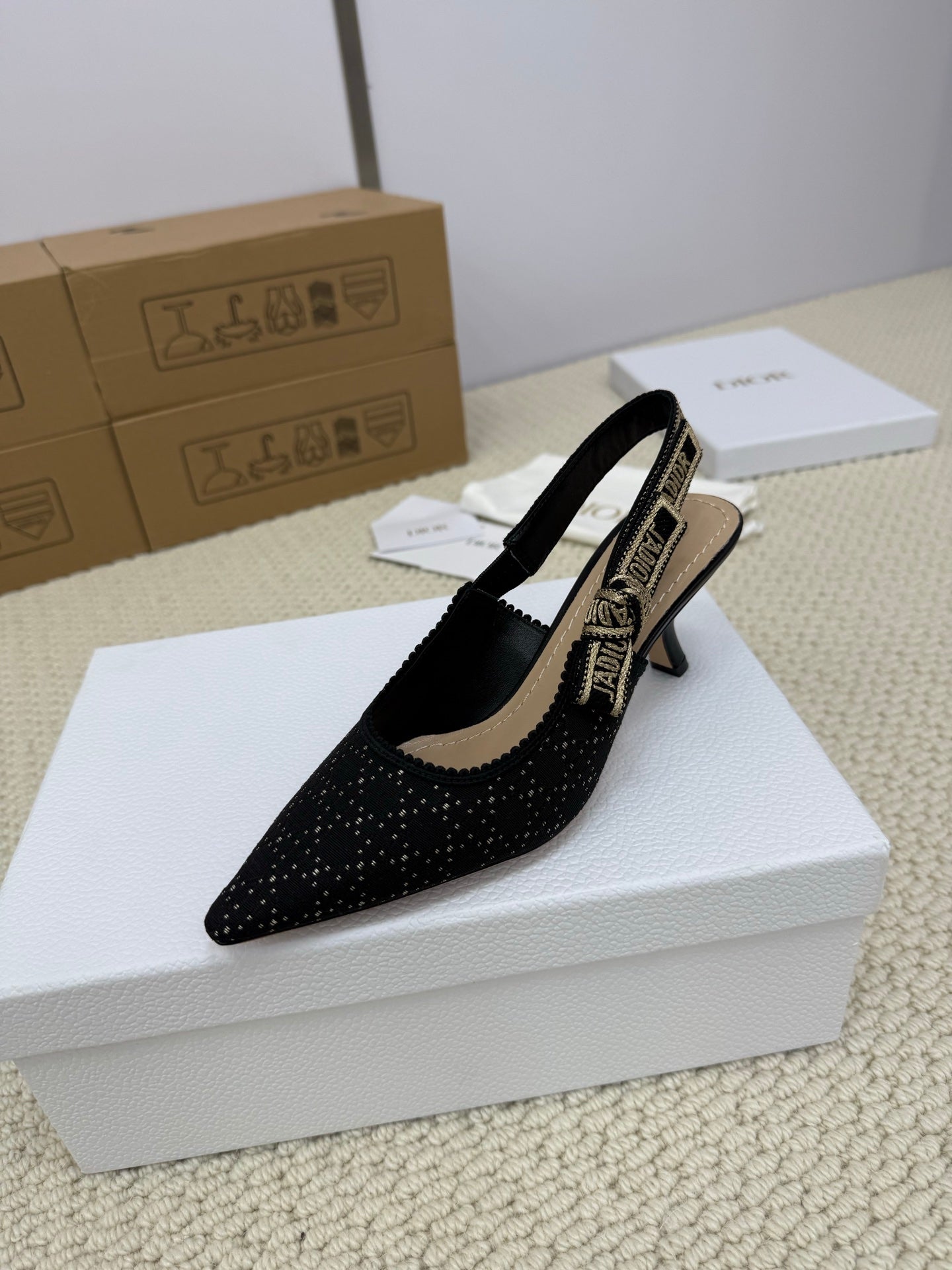 DIOR HIGH SLINGBACK 65 MM 25S IN BLACK FABRIC AND BRAND NAME EMBROIDERY - 34