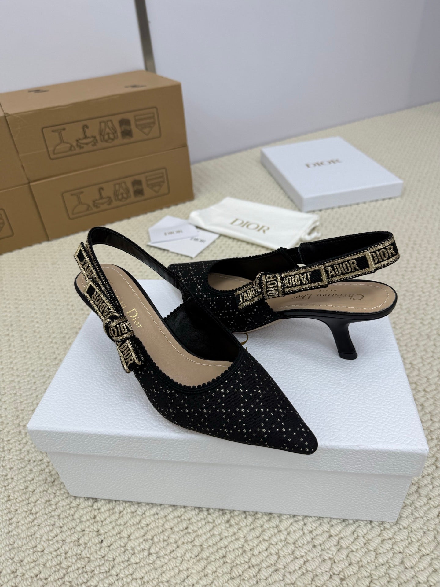 DIOR HIGH SLINGBACK 65 MM 25S IN BLACK FABRIC AND BRAND NAME EMBROIDERY - 34
