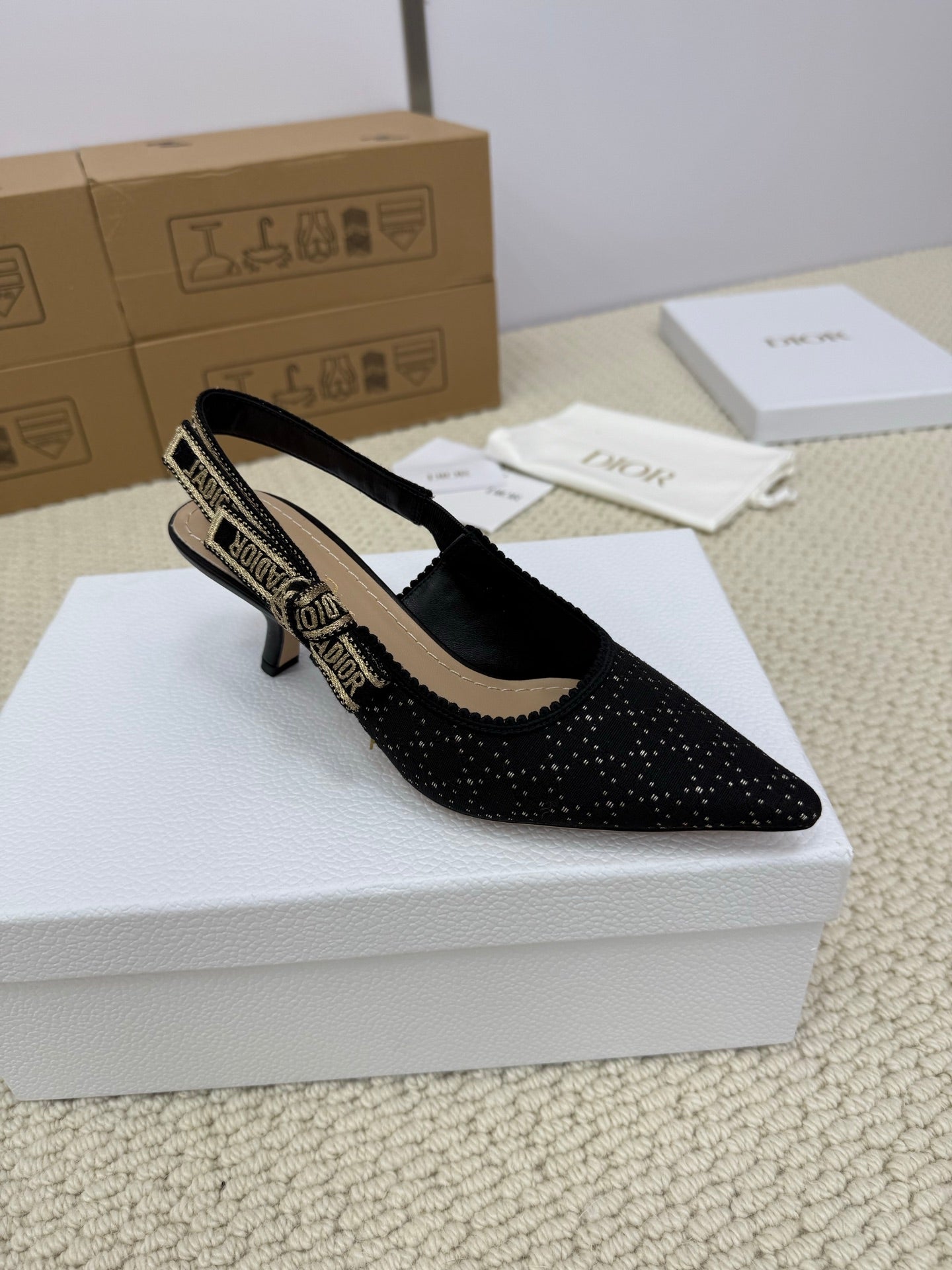 DIOR HIGH SLINGBACK 65 MM 25S IN BLACK FABRIC AND BRAND NAME EMBROIDERY - 34