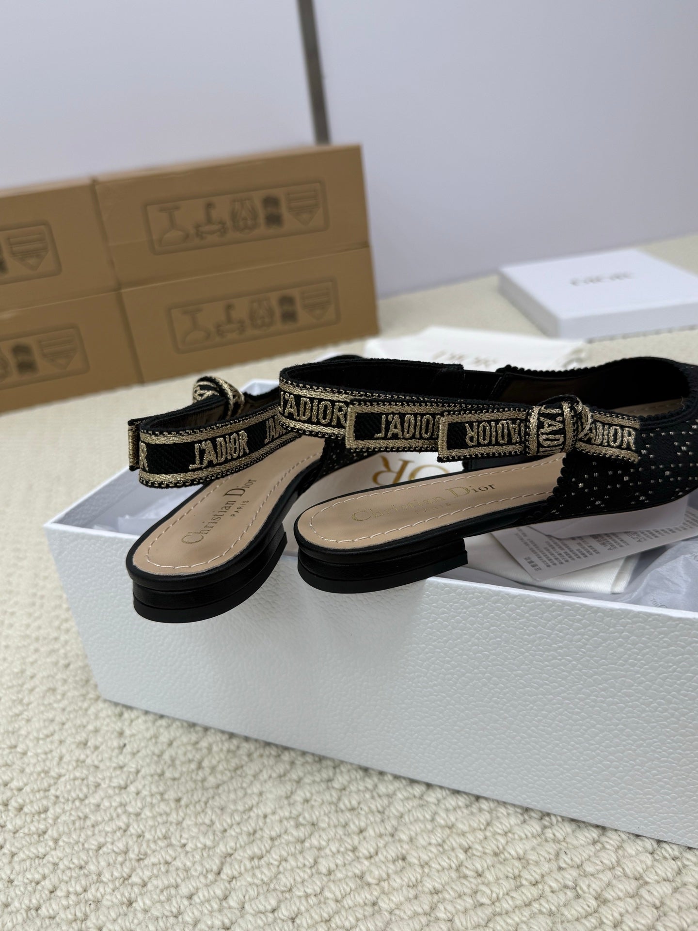DIOR FLAT SLINGBACK 25S IN BLACK FABRIC AND BRAND NAME EMBROIDERY - 34