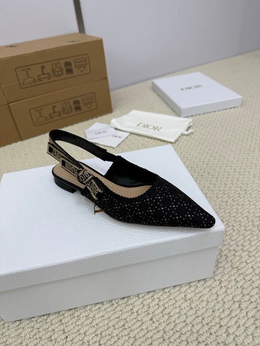 DIOR FLAT SLINGBACK 25S IN BLACK FABRIC AND BRAND NAME EMBROIDERY - 34