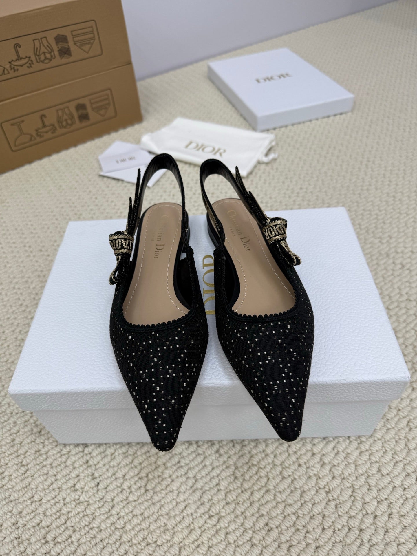 DIOR FLAT SLINGBACK 25S IN BLACK FABRIC AND BRAND NAME EMBROIDERY - 34