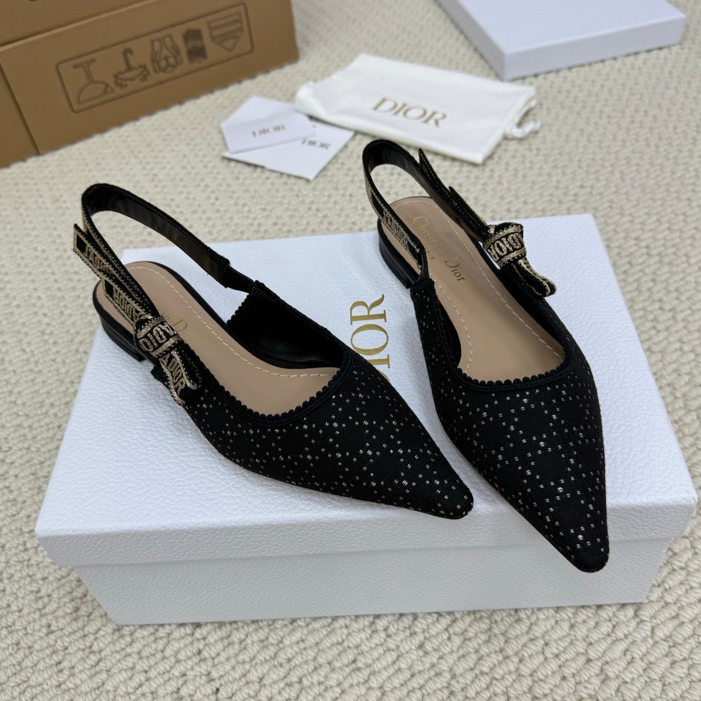 DIOR FLAT SLINGBACK 25S IN BLACK FABRIC AND BRAND NAME EMBROIDERY - 34