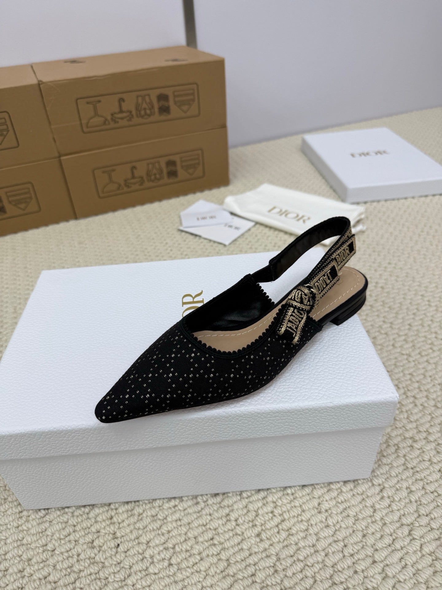 DIOR FLAT SLINGBACK 25S IN BLACK FABRIC AND BRAND NAME EMBROIDERY - 34