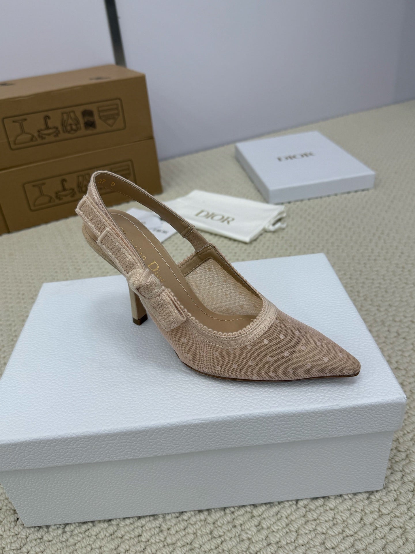 DIOR HIGH SLINGBACK 100 MM 25S IN NUDE LACE NET FABRIC AND SUEDE - 34