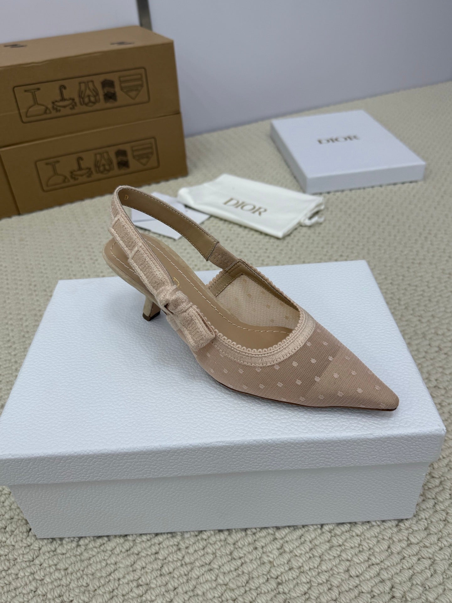 DIOR HIGH SLINGBACK 65 MM 25S IN NUDE LACE NET FABRIC AND SUEDE - 34
