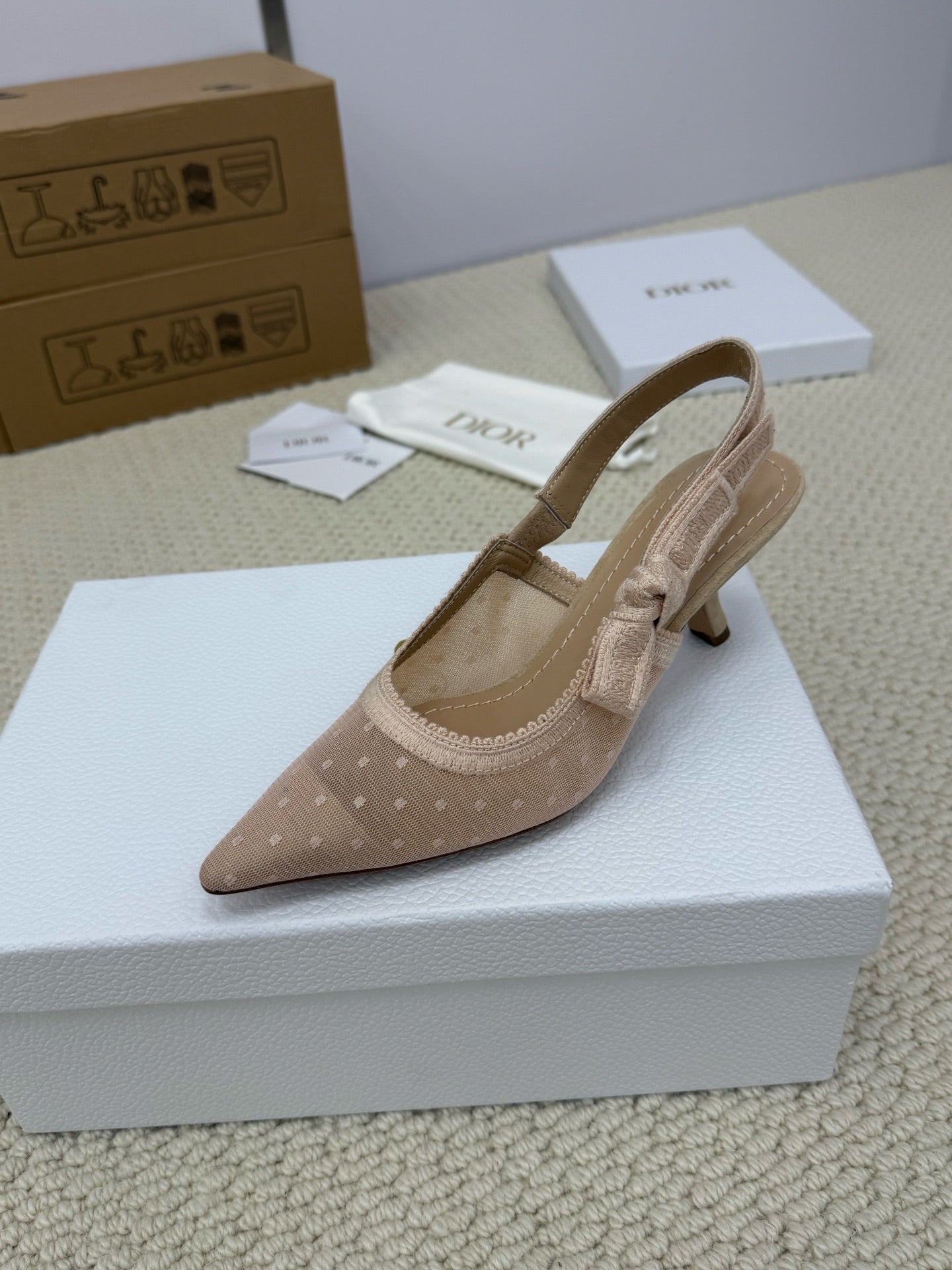 DIOR HIGH SLINGBACK 65 MM 25S IN NUDE LACE NET FABRIC AND SUEDE - 34