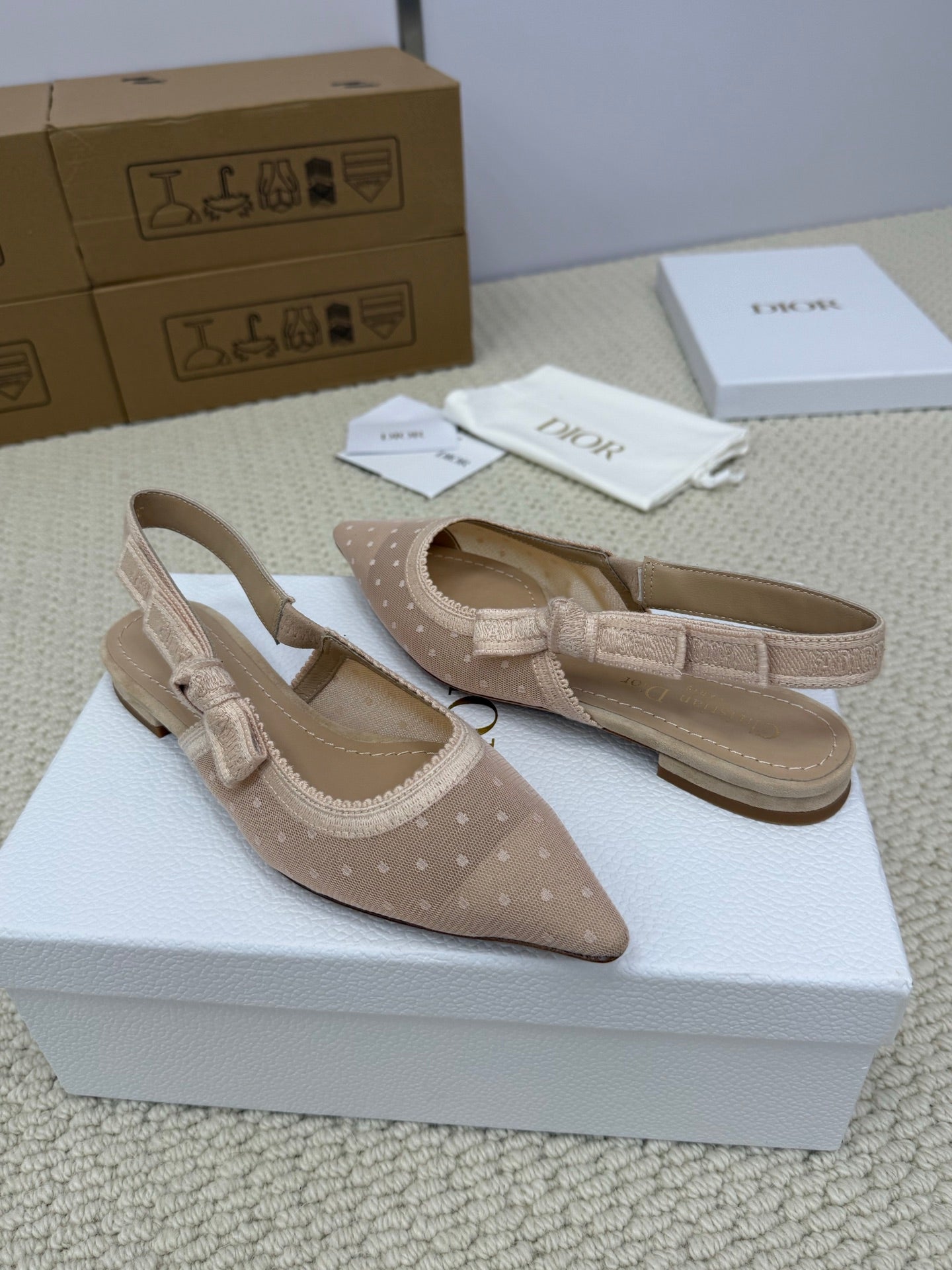 DIOR FLAT SLINGBACK 25S IN NUDE LACE NET FABRIC AND SUEDE - 34