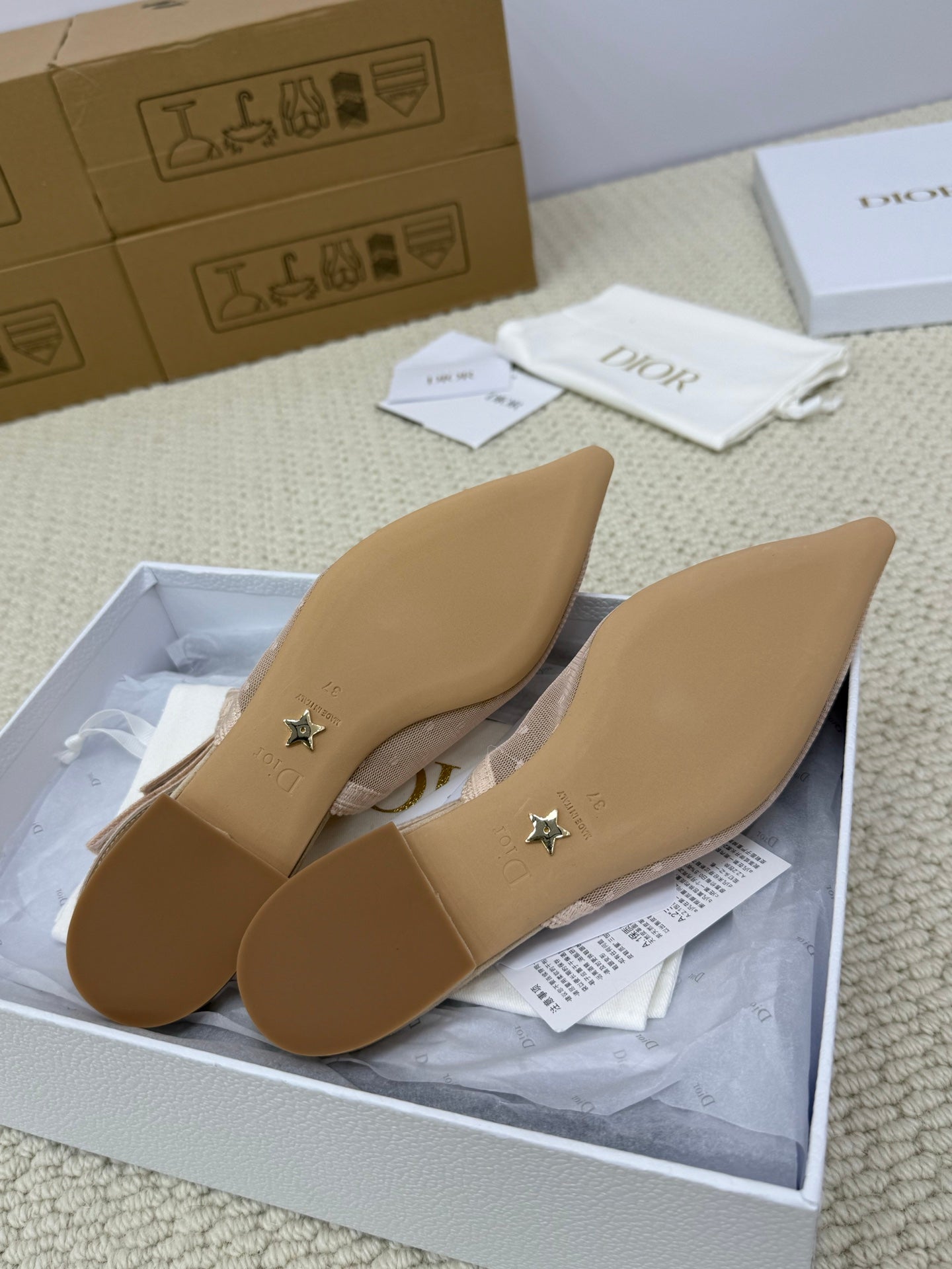 DIOR FLAT SLINGBACK 25S IN NUDE LACE NET FABRIC AND SUEDE - 34
