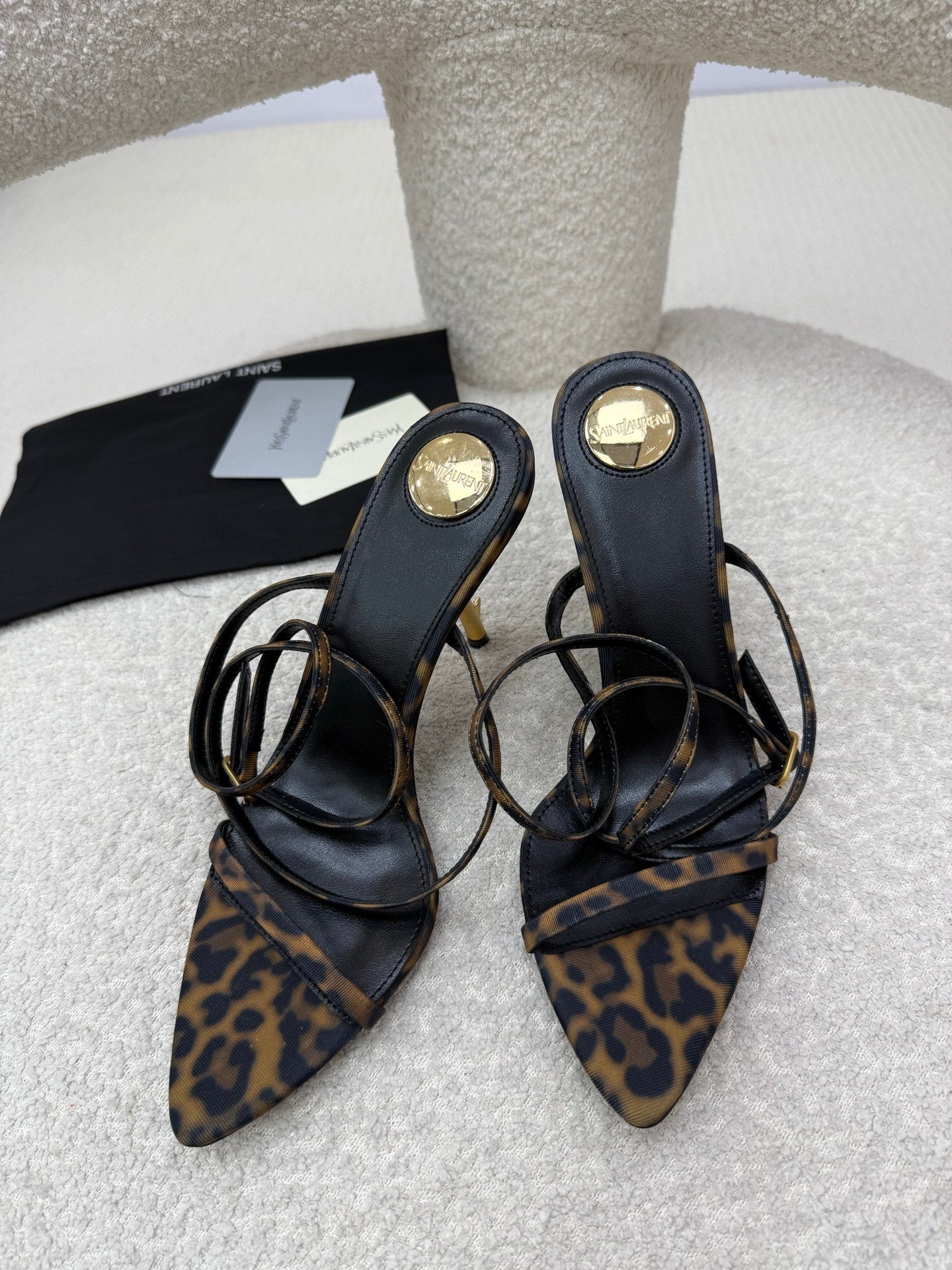 YSL 25S STRAPPY HIGH-HEEL SANDALS 95 MM IN LEOPARD PRINT LAMBSKIN - 35