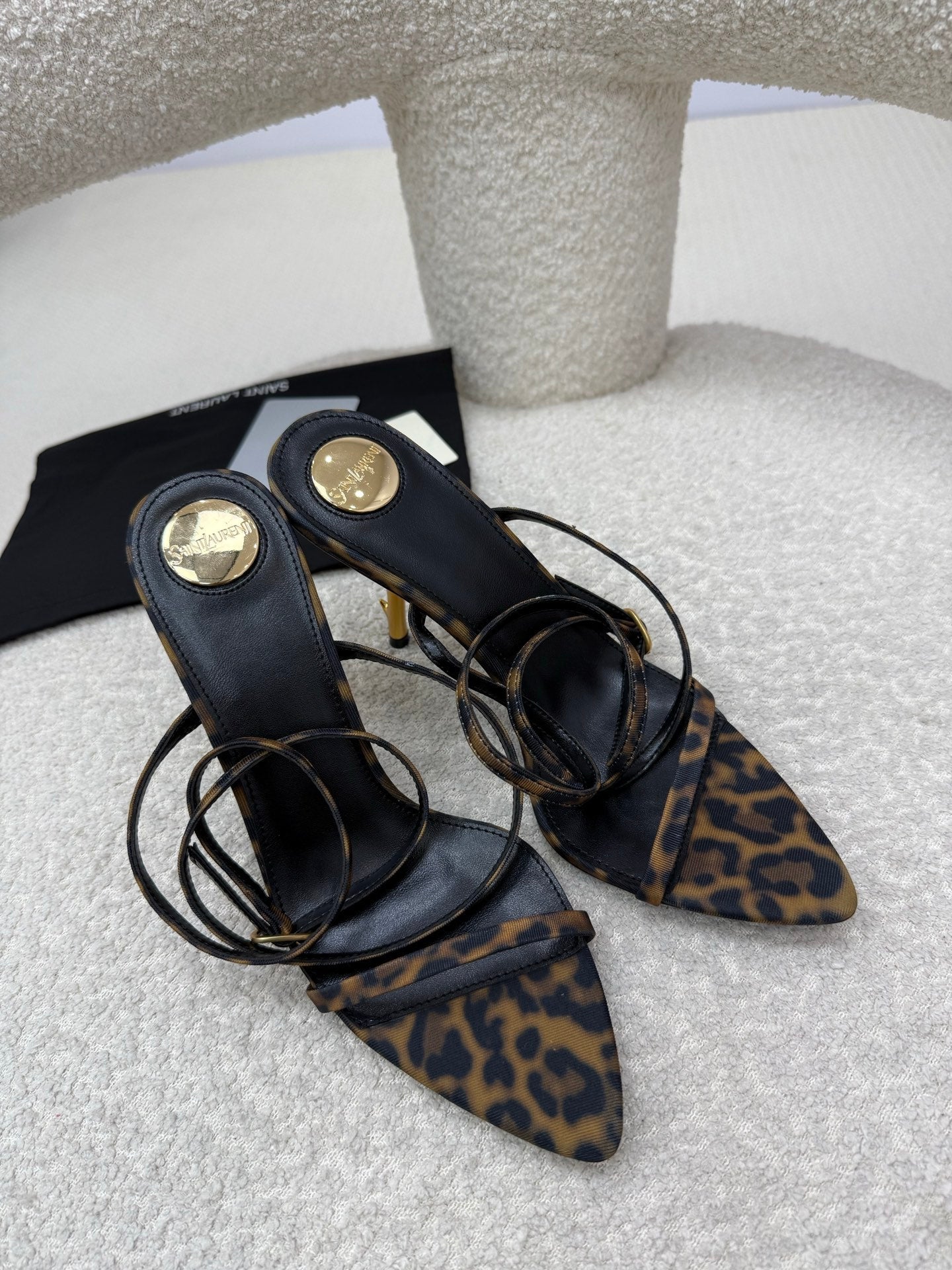 YSL 25S STRAPPY HIGH-HEEL SANDALS 95 MM IN LEOPARD PRINT LAMBSKIN - 35