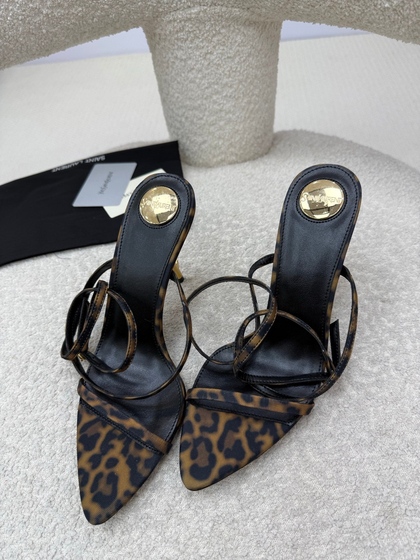 YSL 25S STRAPPY HIGH-HEEL SANDALS 95 MM IN LEOPARD PRINT LAMBSKIN - 35