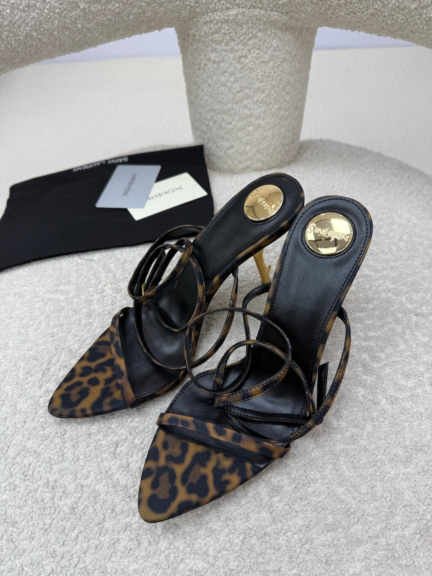 YSL 25S STRAPPY HIGH-HEEL SANDALS 95 MM IN LEOPARD PRINT LAMBSKIN - 35