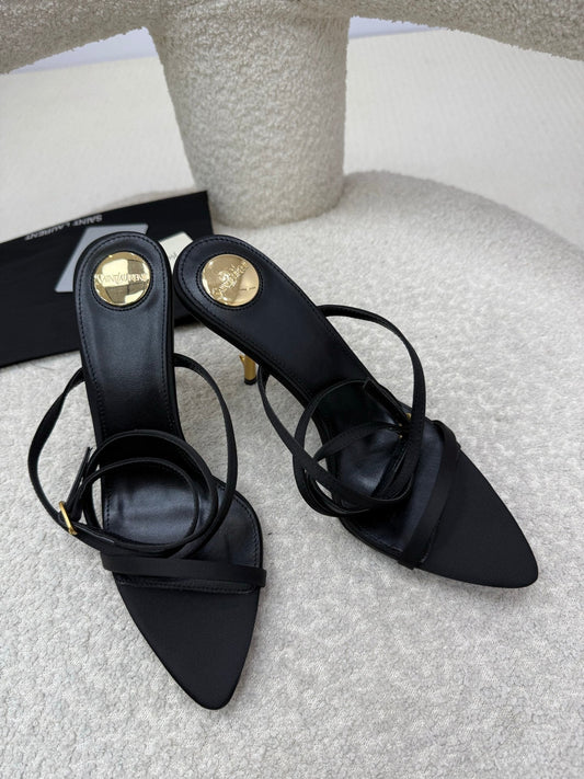 YSL 25S STRAPPY HIGH-HEEL SANDALS 95 MM IN BLACK LAMBSKIN - 35