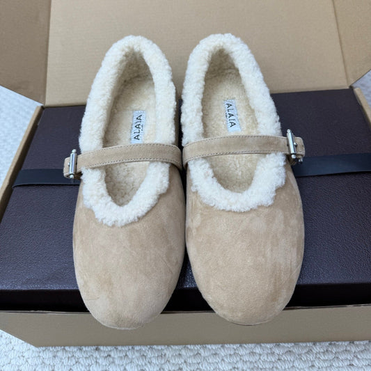 ALAIA 25S SHEARLING BALLET FLATS IN DARK BEIGE SUEDE - 35