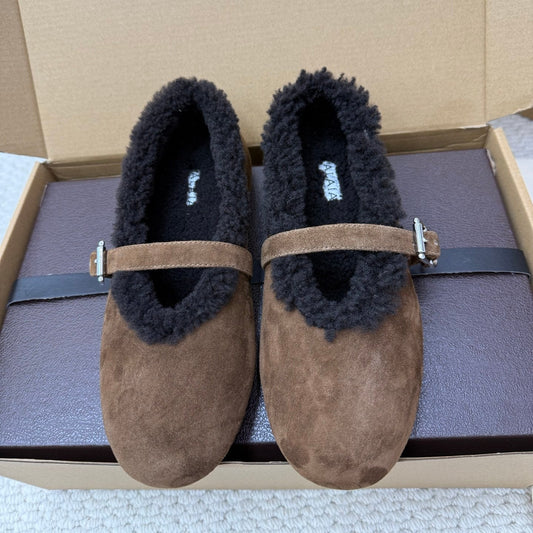 ALAIA 25S SHEARLING BALLET FLATS IN DARK BROWN SUEDE - 35
