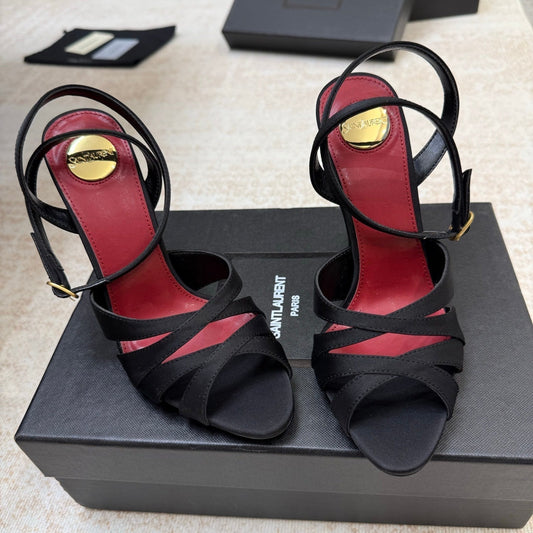 Босоніжки YSL 26S на підборах 105 мм зі стрічками з чорного сатину