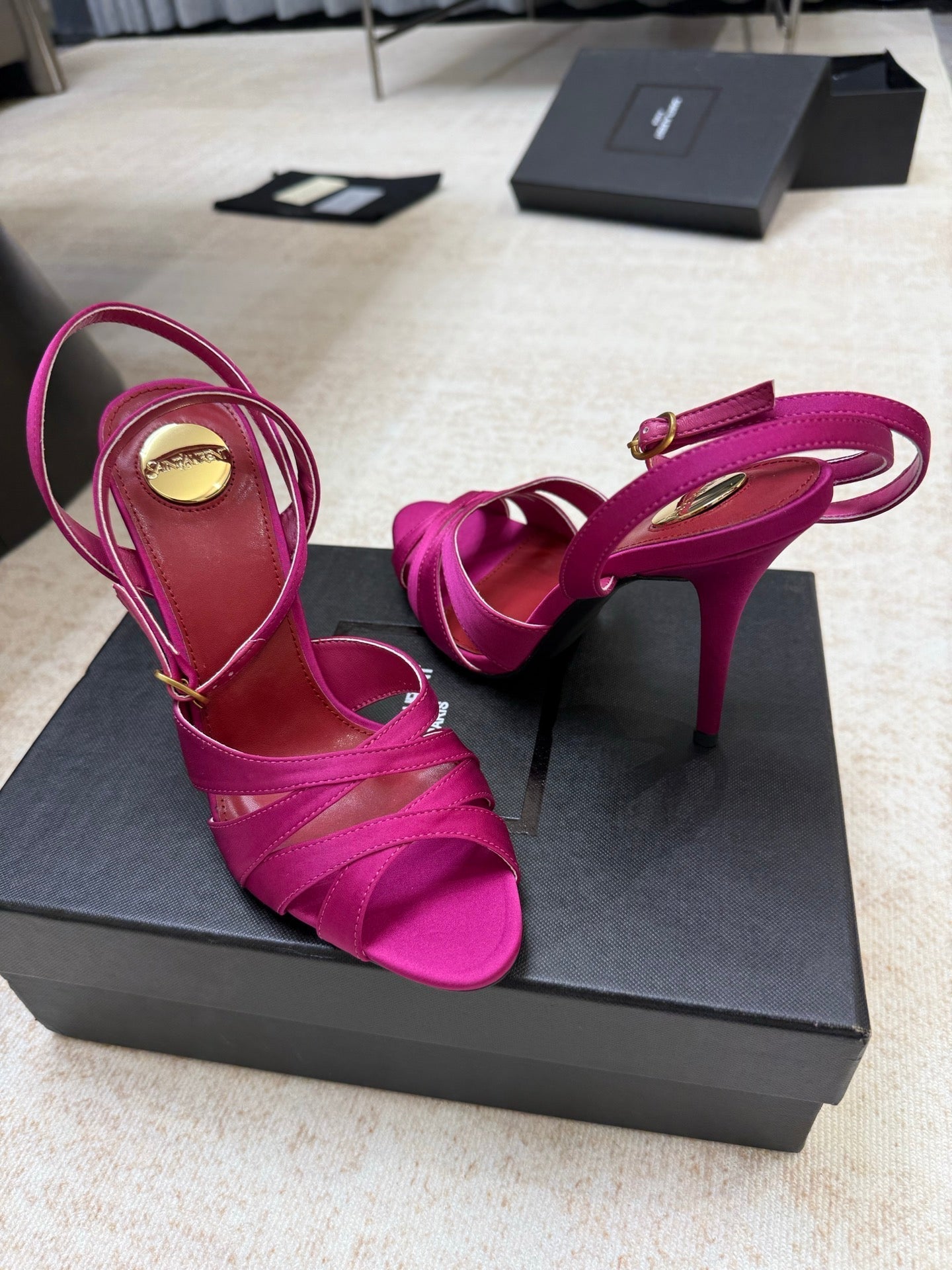 YSL 26S STRAPPY HEELED SANDALS 105 MM IN DARK PINK SATIN