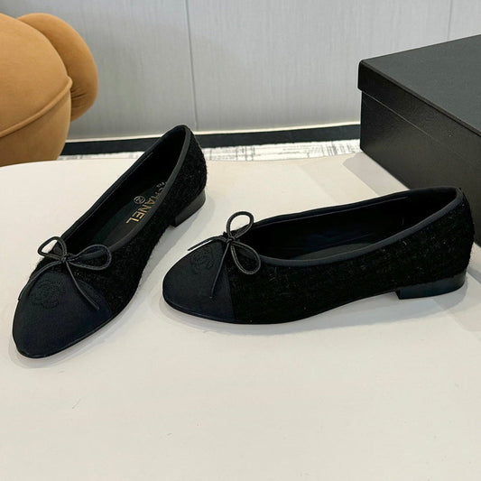 BALLET FLATS IN BLACK TWEED AND FABRIC - 34