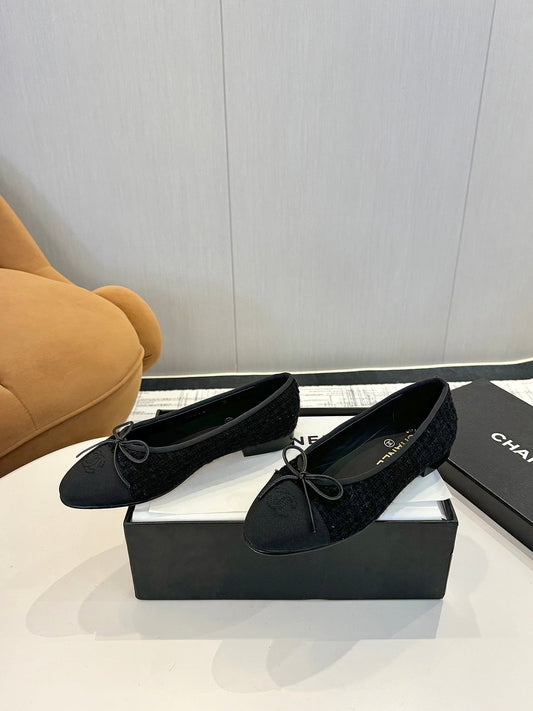 BALLET FLATS IN BLACK TWEED AND FABRIC - 34