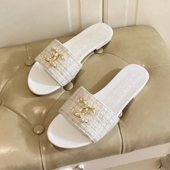 SLIPPERS IN WHITE CREAM TWEED MULE - 35