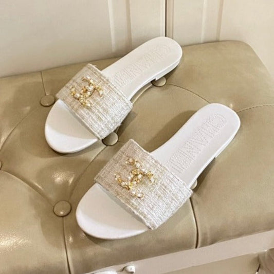 SLIPPERS IN WHITE CREAM TWEED MULE - 35