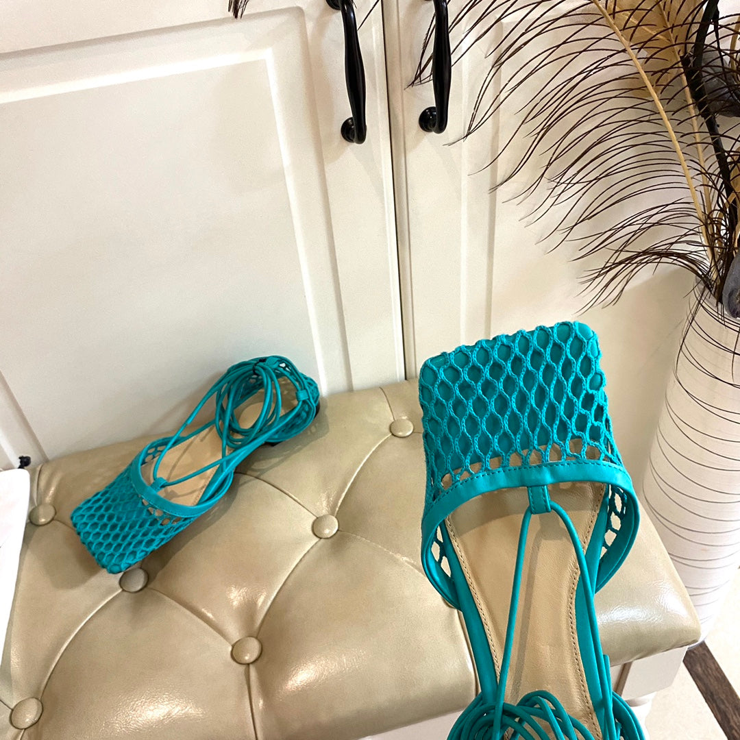 STRETCH LACE-UP FLAT SANDAL IN CERULEAN BLUE METALLIZED MESH AND LEATHER - 35