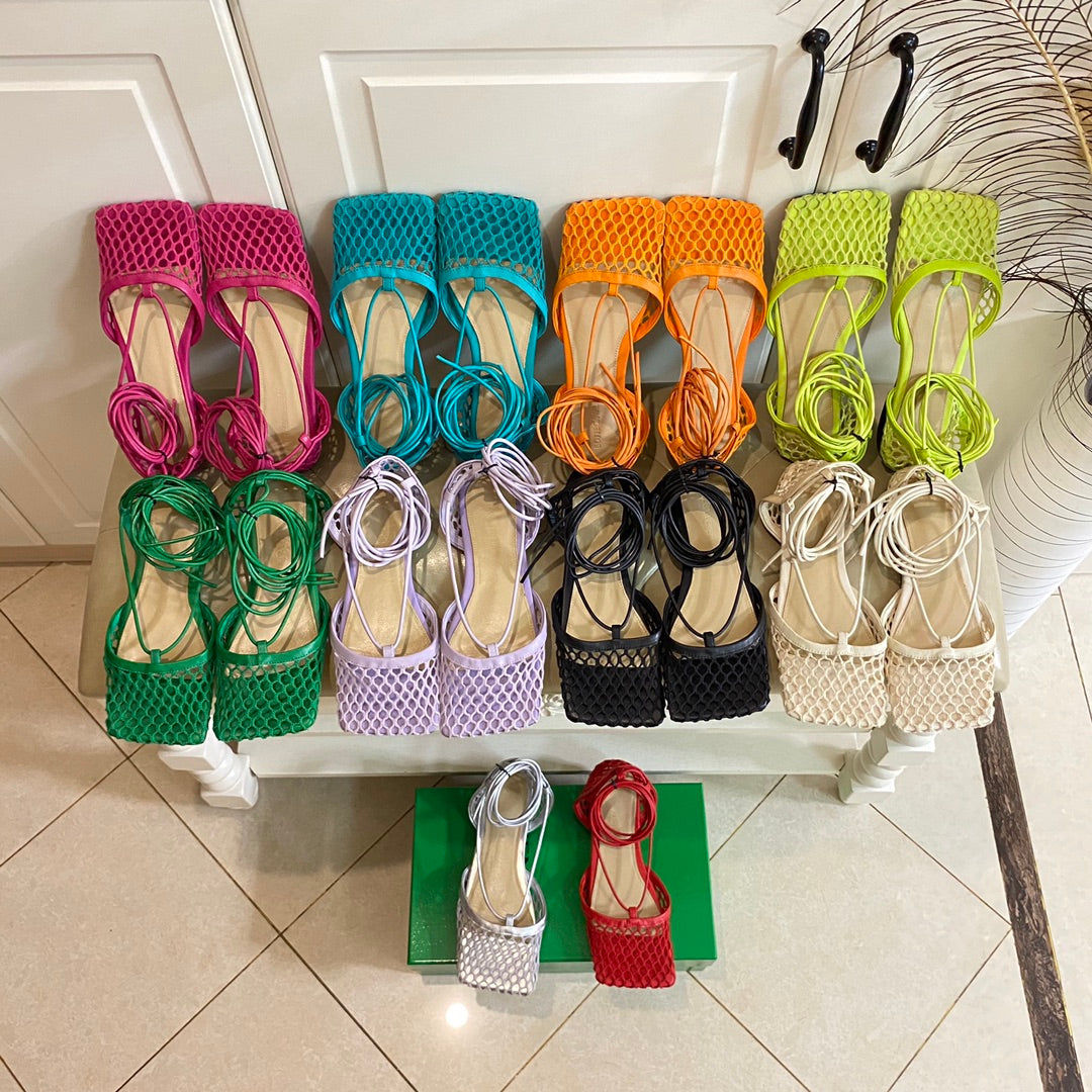 STRETCH LACE-UP FLAT SANDAL IN BRIGHT PINK METALLIZED MESH AND LEATHER - 35