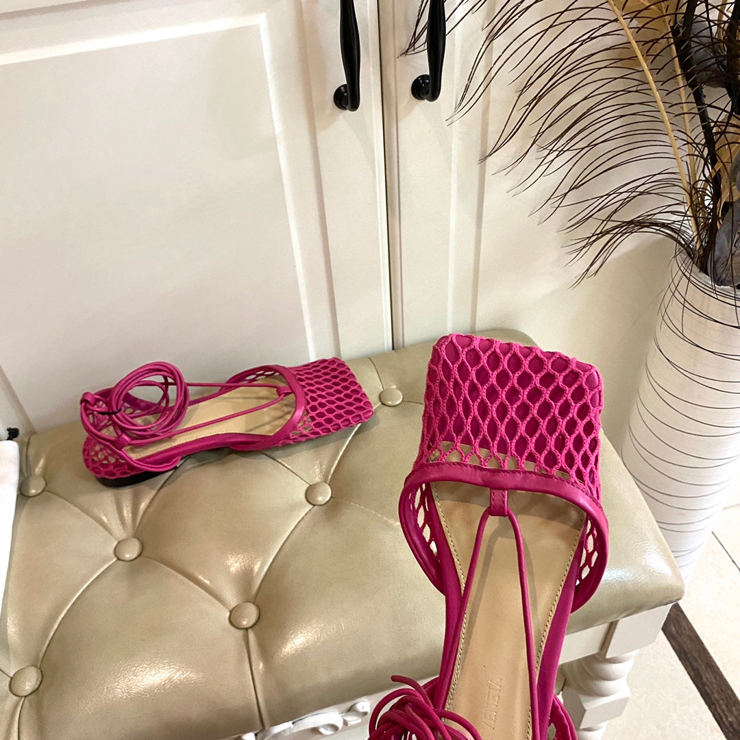 STRETCH LACE-UP FLAT SANDAL IN BRIGHT PINK METALLIZED MESH AND LEATHER - 35