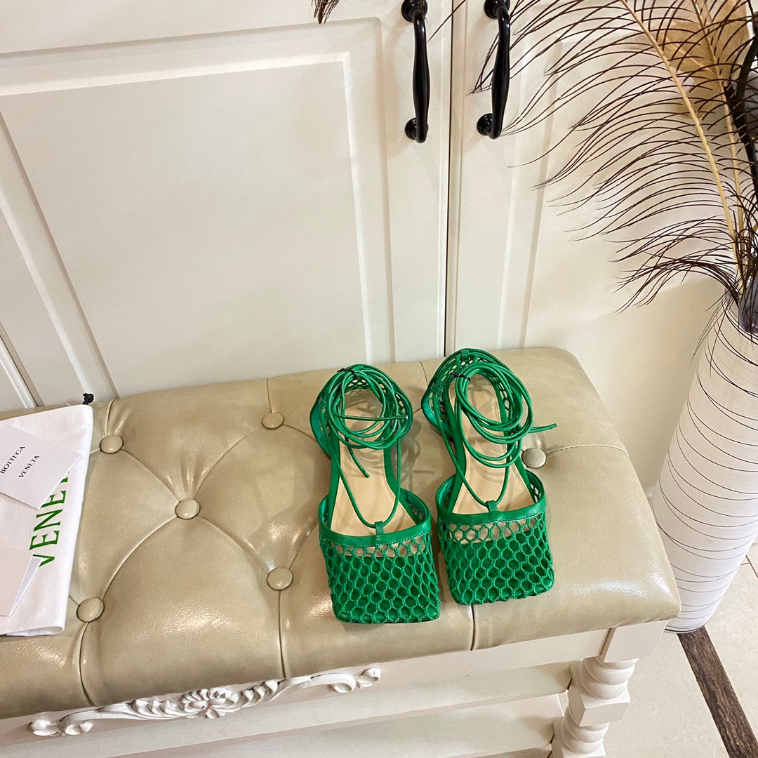 STRETCH LACE-UP FLAT SANDAL IN COOL GREEN METALLIZED MESH AND LEATHER - 35