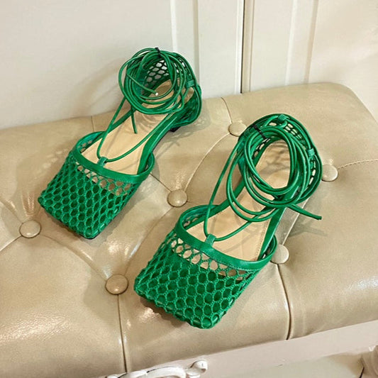 STRETCH LACE-UP FLAT SANDAL IN COOL GREEN METALLIZED MESH AND LEATHER - 35