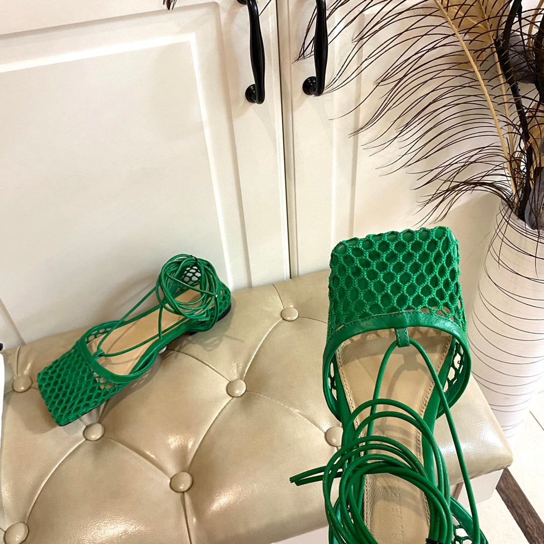 STRETCH LACE-UP FLAT SANDAL IN COOL GREEN METALLIZED MESH AND LEATHER - 35