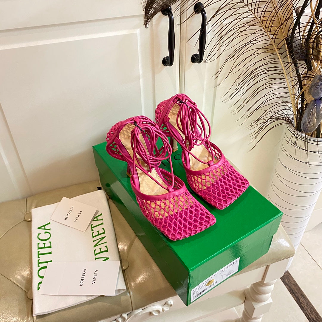 STRETCH LACE-UP SANDAL IN BRIGHT PINK METALLIZED MESH AND LEATHER 9 CM - 35