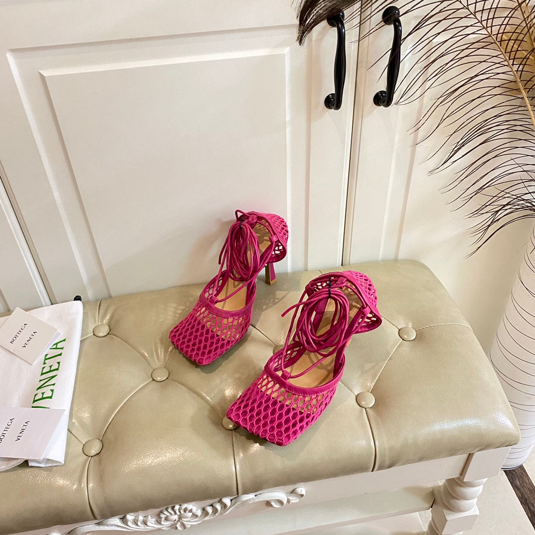 STRETCH LACE-UP SANDAL IN BRIGHT PINK METALLIZED MESH AND LEATHER 9 CM - 35