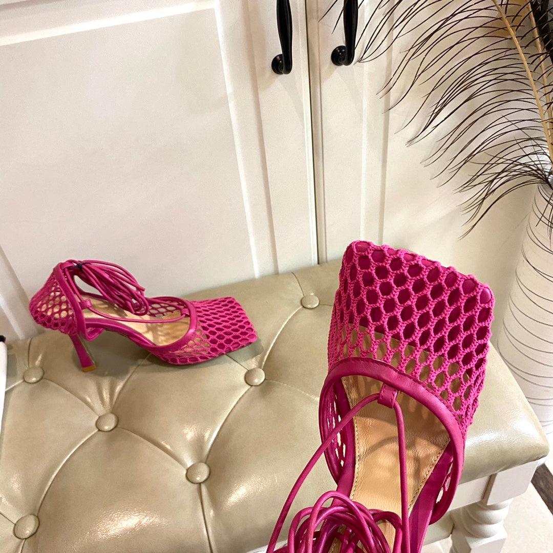 STRETCH LACE-UP SANDAL IN BRIGHT PINK METALLIZED MESH AND LEATHER 9 CM - 35