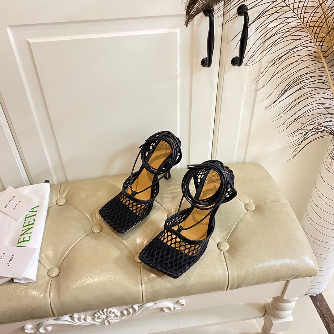 STRETCH LACE-UP SANDAL IN BLACK METALLIZED MESH AND LEATHER 9 CM - 35
