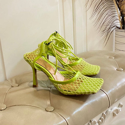 STRETCH LACE-UP SANDAL IN NEON GREEN METALLIZED MESH AND LEATHER 9 CM - 35