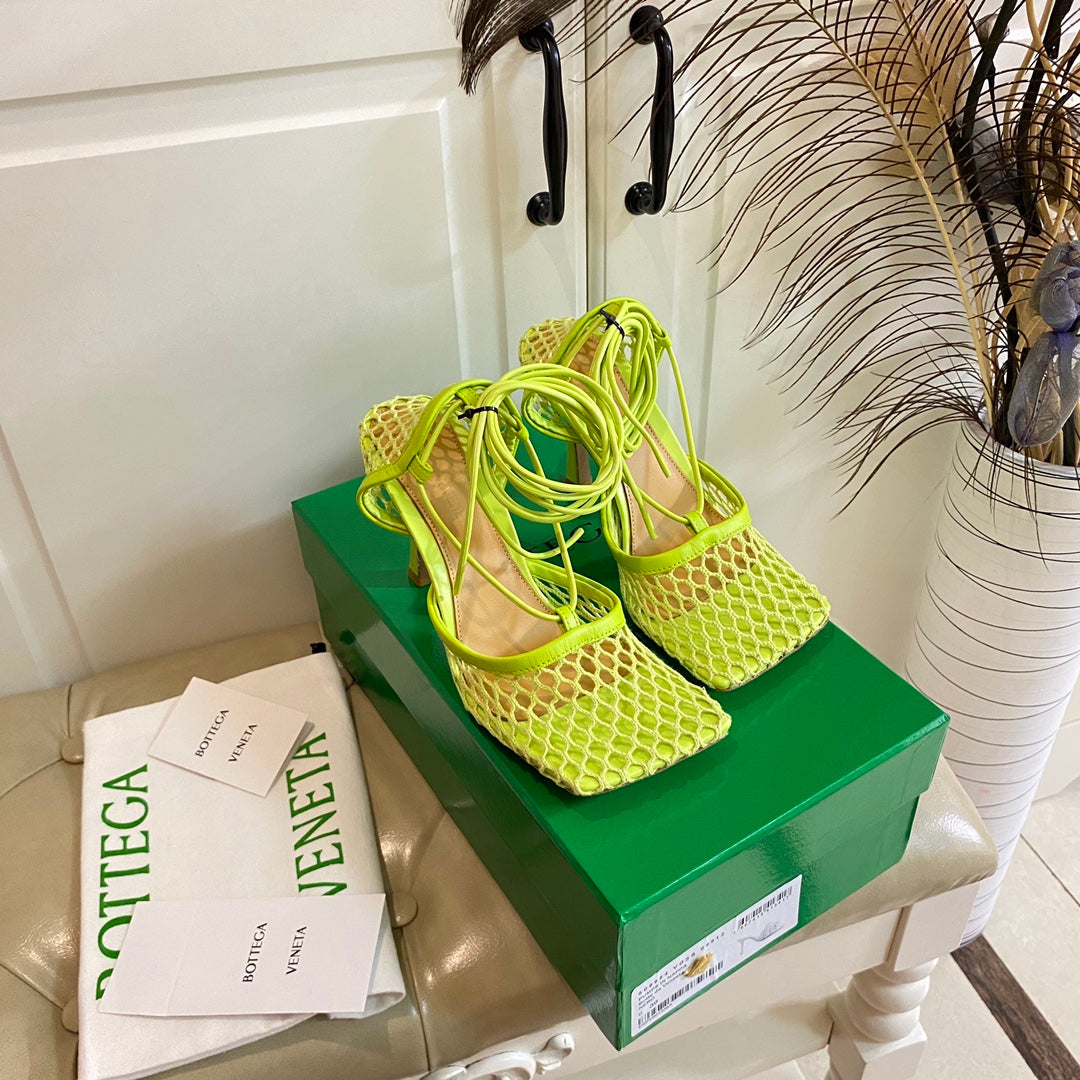 STRETCH LACE-UP SANDAL IN NEON GREEN METALLIZED MESH AND LEATHER 9 CM - 35