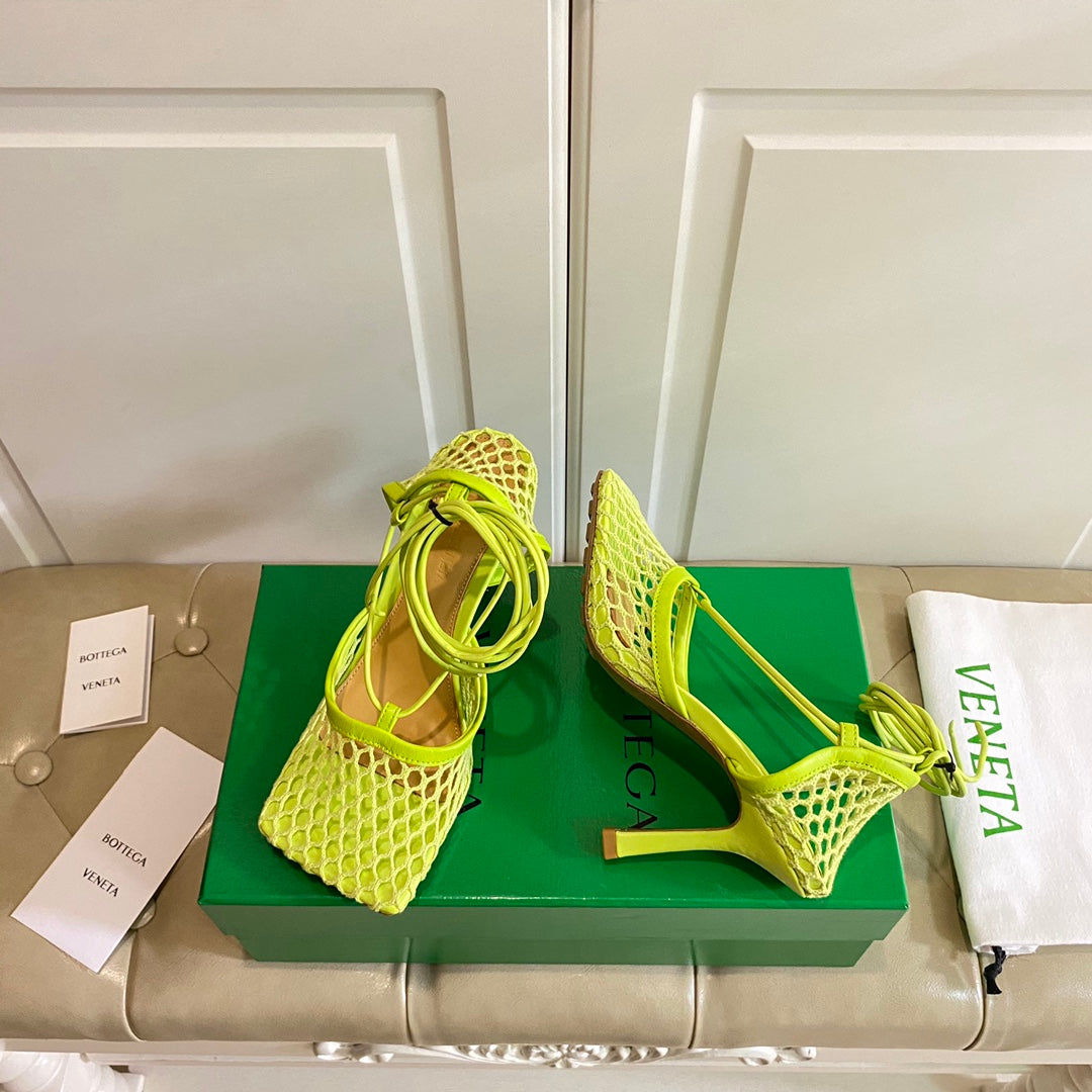 STRETCH LACE-UP SANDAL IN NEON GREEN METALLIZED MESH AND LEATHER 9 CM - 35