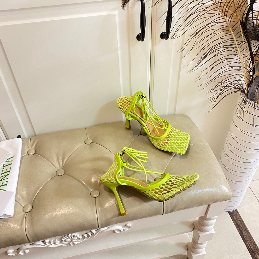 STRETCH LACE-UP SANDAL IN NEON GREEN METALLIZED MESH AND LEATHER 9 CM - 35