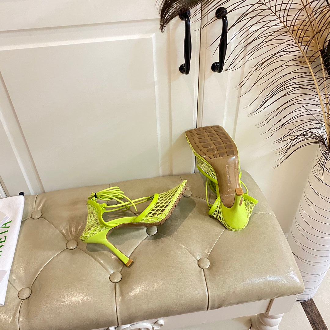 STRETCH LACE-UP SANDAL IN NEON GREEN METALLIZED MESH AND LEATHER 9 CM - 35