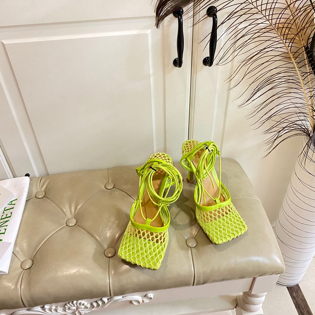 STRETCH LACE-UP SANDAL IN NEON GREEN METALLIZED MESH AND LEATHER 9 CM - 35