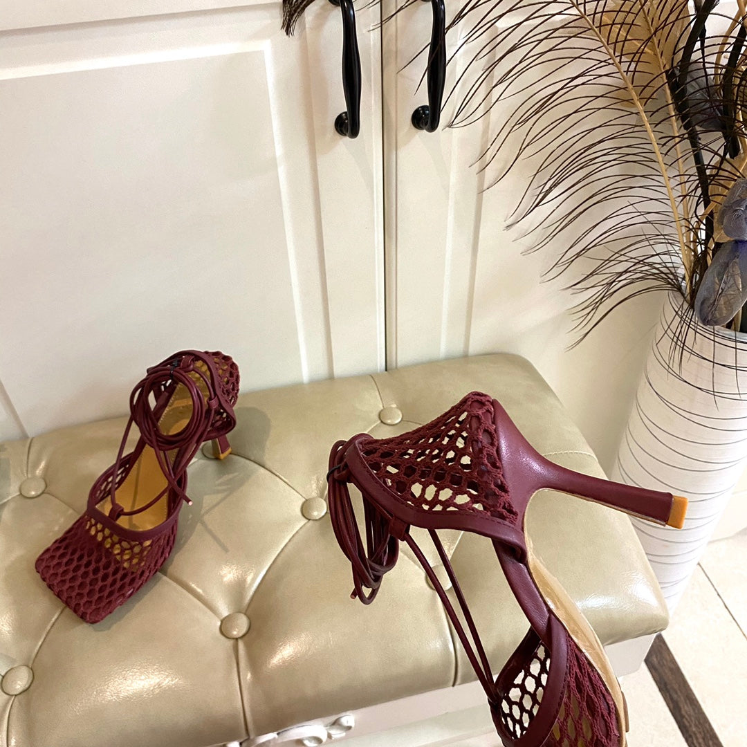 STRETCH LACE-UP SANDAL IN WINE RED METALLIZED MESH AND LEATHER 9 CM - 35