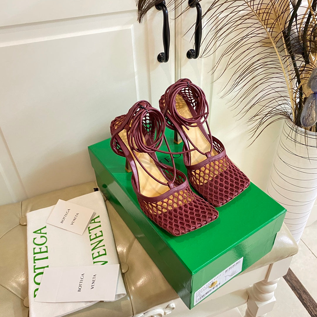 STRETCH LACE-UP SANDAL IN WINE RED METALLIZED MESH AND LEATHER 9 CM - 35