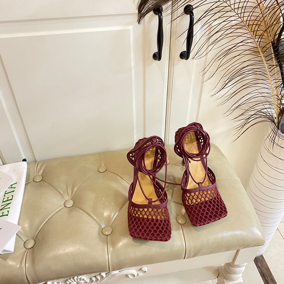 STRETCH LACE-UP SANDAL IN WINE RED METALLIZED MESH AND LEATHER 9 CM - 35