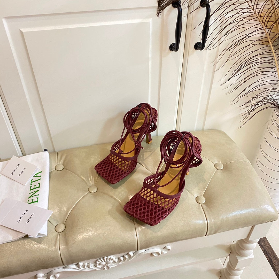 STRETCH LACE-UP SANDAL IN WINE RED METALLIZED MESH AND LEATHER 9 CM - 35