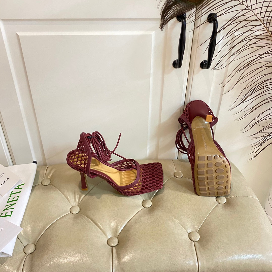 STRETCH LACE-UP SANDAL IN WINE RED METALLIZED MESH AND LEATHER 9 CM - 35