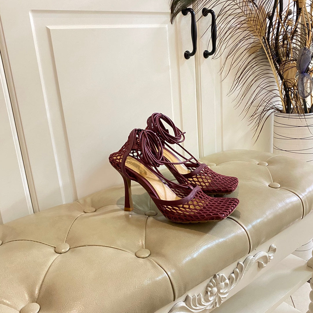 STRETCH LACE-UP SANDAL IN WINE RED METALLIZED MESH AND LEATHER 9 CM - 35