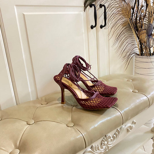 STRETCH LACE-UP SANDAL IN WINE RED METALLIZED MESH AND LEATHER 9 CM - 35